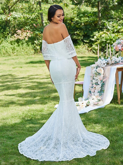 Loudspeaker slim fit mermaid lace ruffled sleeveless train wedding dress