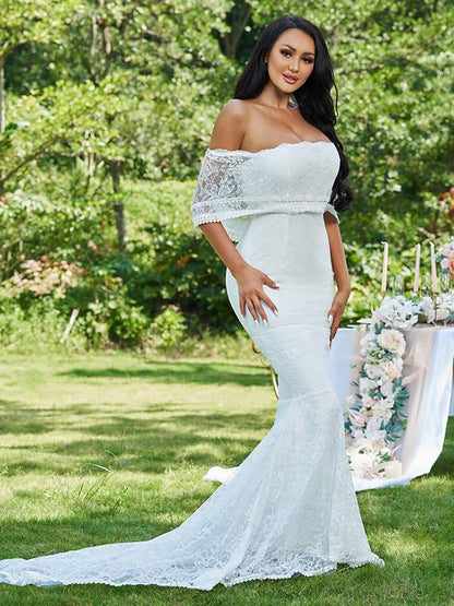 Loudspeaker slim fit mermaid lace ruffled sleeveless train wedding dress