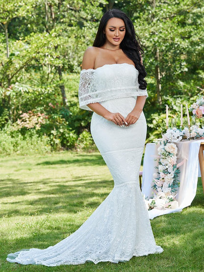 Loudspeaker slim fit mermaid lace ruffled sleeveless train wedding dress