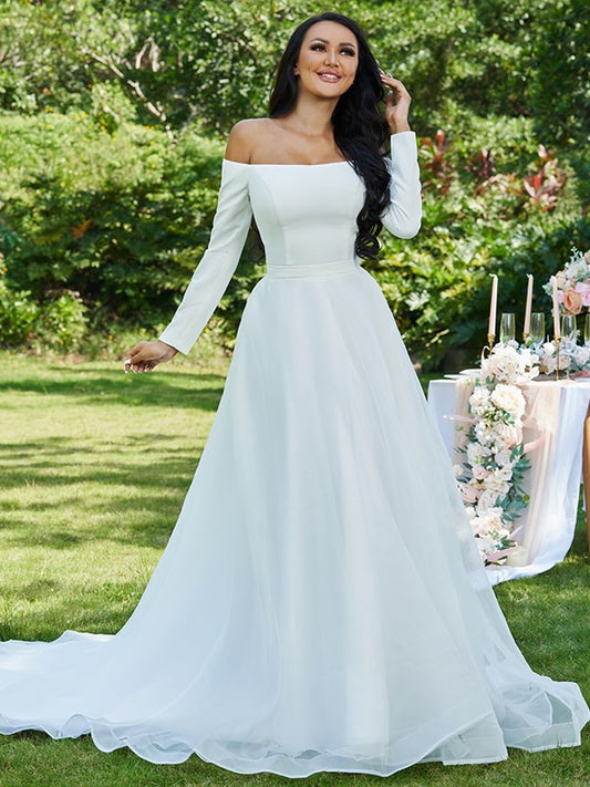 A-line Sweet Princess sheer ruffled edge off shoulder long sleeved strapless wedding dress