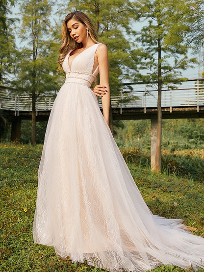 A-line skirt elegant princess sheer ruffled V-neck sleeveless strapless wedding dress