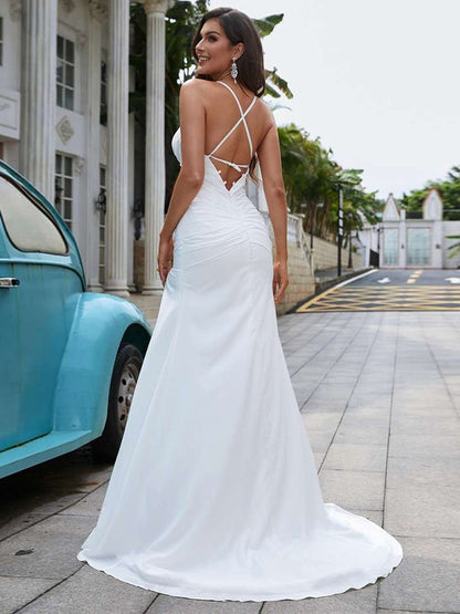 Thin gauze column chiffon pleated V-neck sleeveless large hem wedding dress