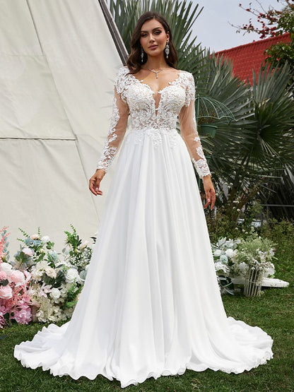 A-shaped Elegant Princess Chiffon Applique V-neck Long sleeved Sweeping Tail Wedding Dress
