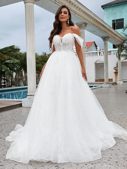 A-shaped Elegant Princess Lace Applique Off the Shoulder Sleeveless Sweeping Floor Tail Wedding Dress