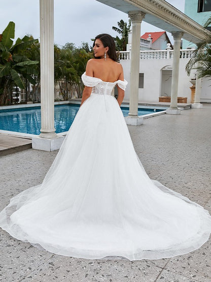 A-shaped Elegant Princess Lace Applique Off the Shoulder Sleeveless Sweeping Floor Tail Wedding Dress