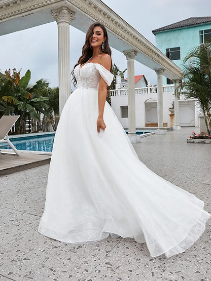 A-shaped Elegant Princess Lace Applique Off the Shoulder Sleeveless Sweeping Floor Tail Wedding Dress