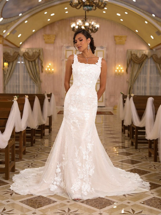 Slim fit straight tube lace sticker thin shoulder strap sleeveless sweeping brush trailing wedding dress