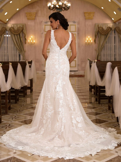 Slim fit straight tube lace sticker thin shoulder strap sleeveless sweeping brush trailing wedding dress