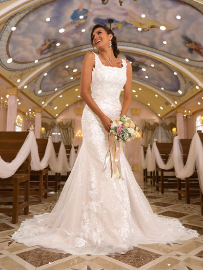 Slim fit straight tube lace sticker thin shoulder strap sleeveless sweeping brush trailing wedding dress