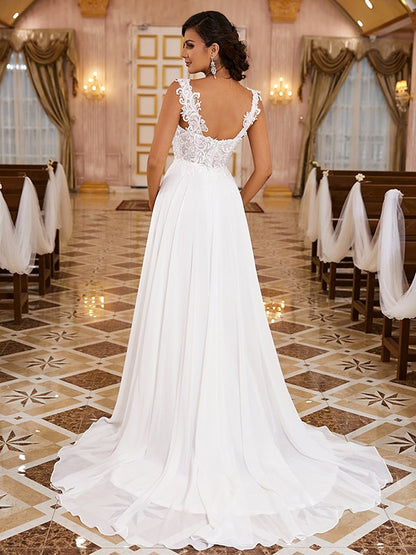 A-shaped Princess Chiffon Applique Shoulder Strap Sleeveless Brush Tail Wedding Dress