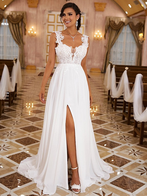 A-shaped Princess Chiffon Applique Shoulder Strap Sleeveless Brush Tail Wedding Dress