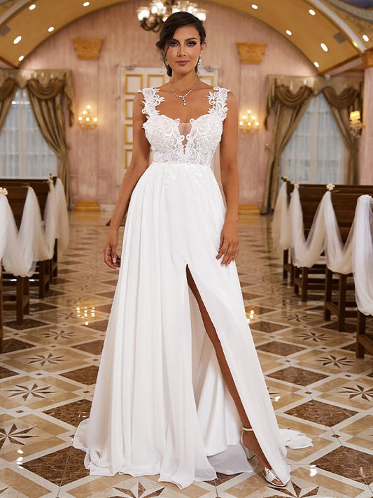 A-shaped Princess Chiffon Applique Shoulder Strap Sleeveless Brush Tail Wedding Dress
