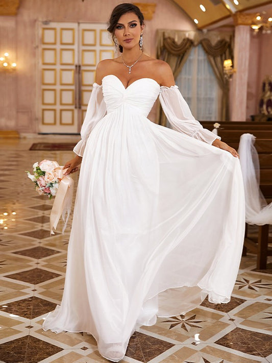 A-line Princess Chiffon Sexy Off the Shoulder Long Sleeve Bra Wedding Dress