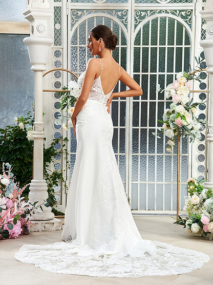 Elegant column lace V-neck sleeveless brush train wedding dress with protective sheath