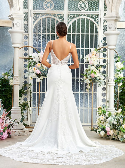 Elegant column lace V-neck sleeveless brush train wedding dress with protective sheath