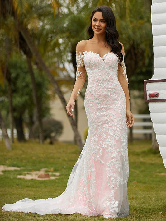 Elegant Princess Standing Neck Lace Off Shoulder Long sleeved Court Tail Wedding Dress