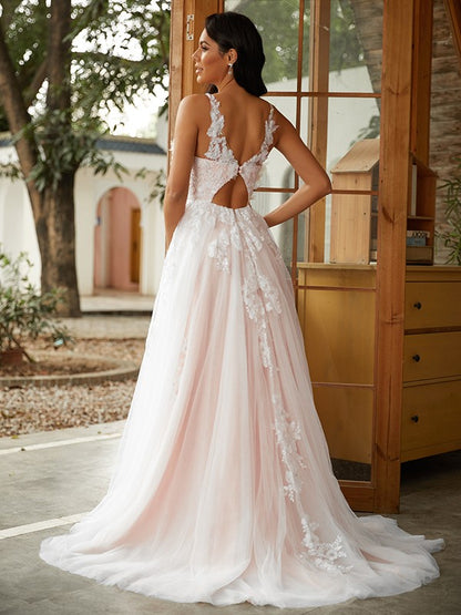A-shaped princess style chiffon sticker low round sleeveless sweeping brush tail wedding dress