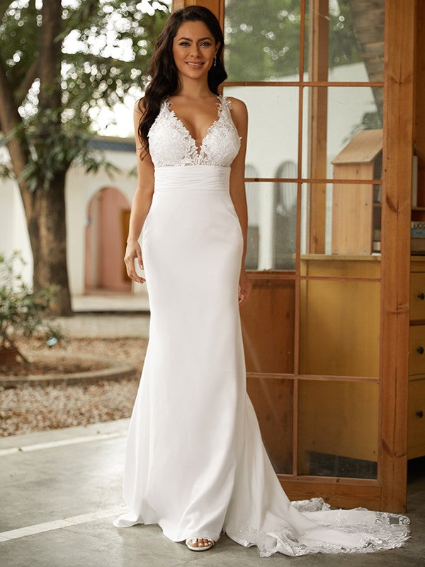 Sheath cylindrical elastic Crepe lace V-neck sleeveless brush pillar wedding dress