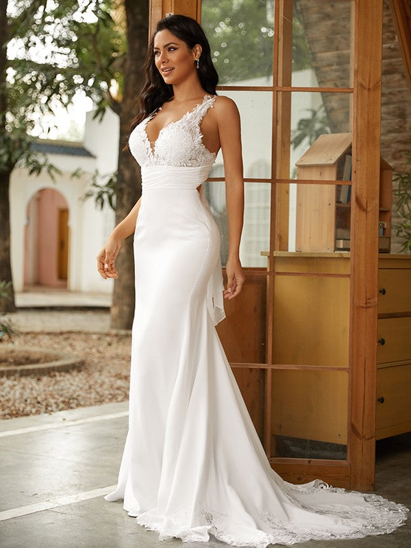 Sheath cylindrical elastic Crepe lace V-neck sleeveless brush pillar wedding dress