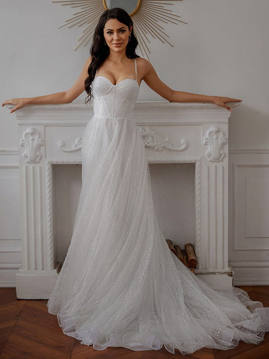 Elegant and Sweet Princess Pleated Fine Shoulder Strap Sleeveless Palace Tail Wedding Dress