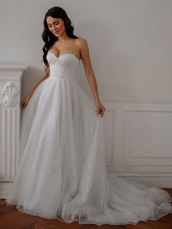 Elegant and Sweet Princess Pleated Fine Shoulder Strap Sleeveless Palace Tail Wedding Dress