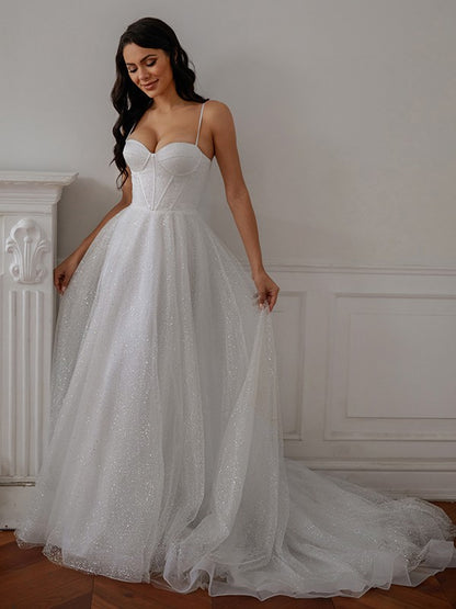 Elegant and Sweet Princess Pleated Fine Shoulder Strap Sleeveless Palace Tail Wedding Dress