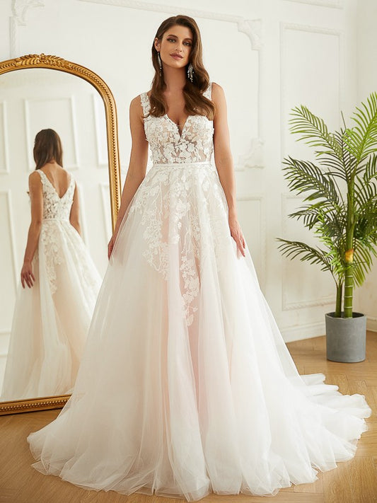 A-line sheer decal V-neck sleeveless church style skirt wedding dress