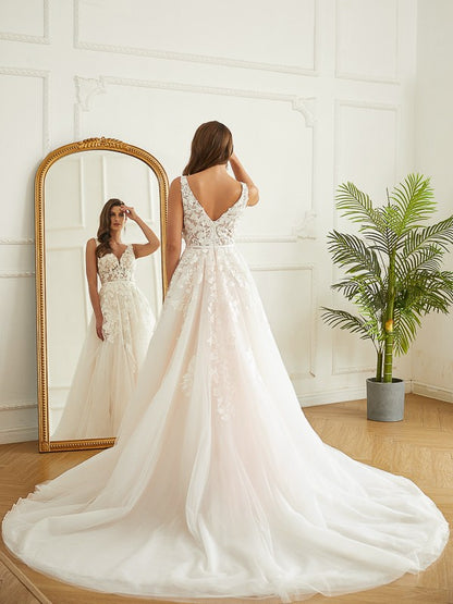 A-line sheer decal V-neck sleeveless church style skirt wedding dress