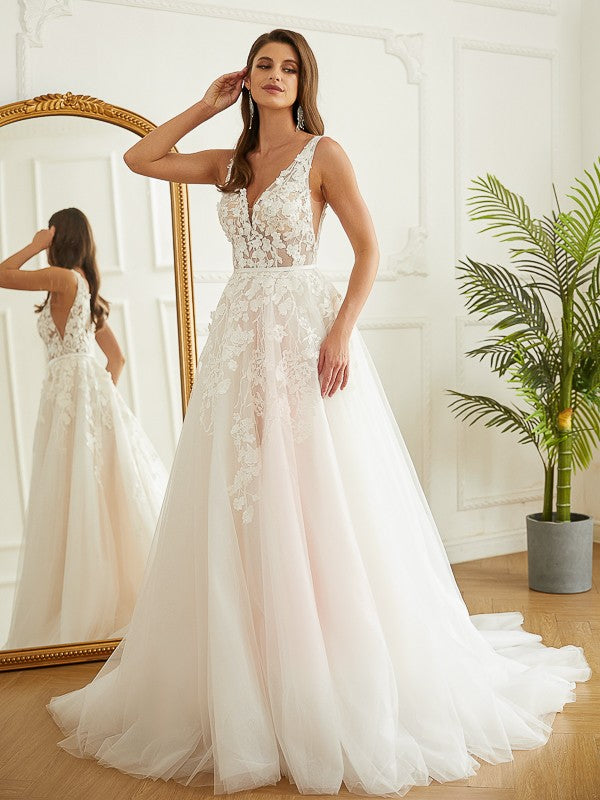 A-line sheer decal V-neck sleeveless church style skirt wedding dress