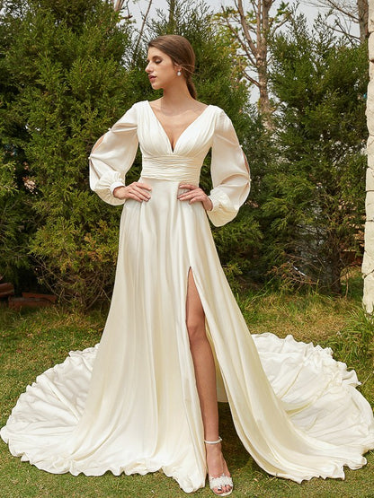 A-line Princess Satin Chiffon Pleated V-neck Elegant Cathedral Tail Wedding Dress