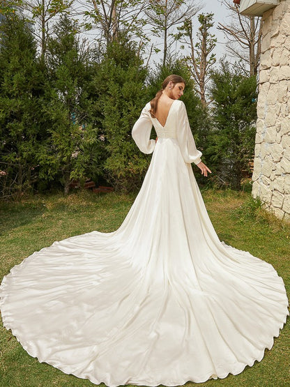 A-line Princess Satin Chiffon Pleated V-neck Elegant Cathedral Tail Wedding Dress