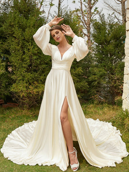 A-line Princess Satin Chiffon Pleated V-neck Elegant Cathedral Tail Wedding Dress