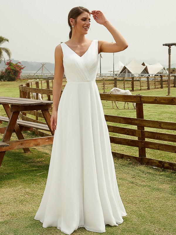 A-line Sweet Princess Chiffon Pleated V-neck Sleeveless Floor Sweeping Wedding Dress