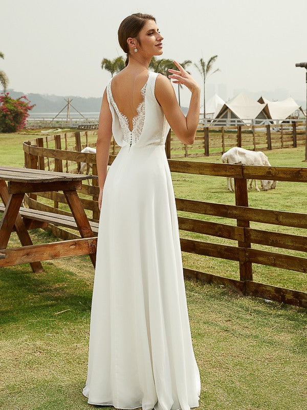 A-line Sweet Princess Chiffon Pleated V-neck Sleeveless Floor Sweeping Wedding Dress