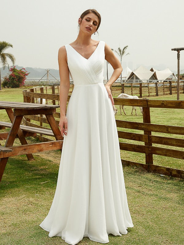 A-line Sweet Princess Chiffon Pleated V-neck Sleeveless Floor Sweeping Wedding Dress