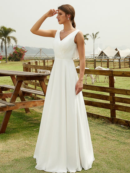 A-line Sweet Princess Chiffon Pleated V-neck Sleeveless Floor Sweeping Wedding Dress
