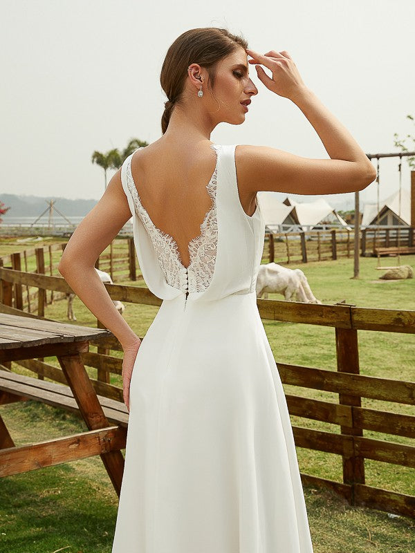 A-line Sweet Princess Chiffon Pleated V-neck Sleeveless Floor Sweeping Wedding Dress