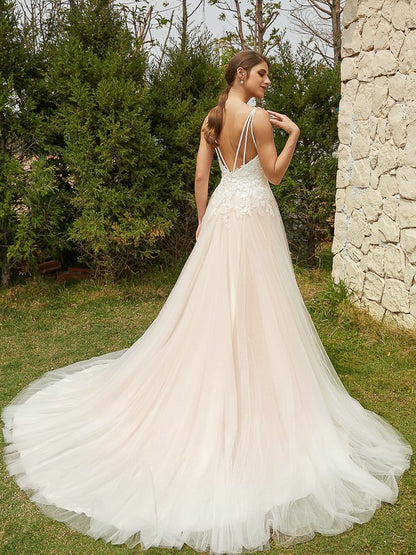 A-line princess style thin gauze sticker V-neck sleeveless palace style skirt wedding dress