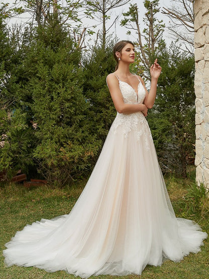 A-line princess style thin gauze sticker V-neck sleeveless palace style skirt wedding dress