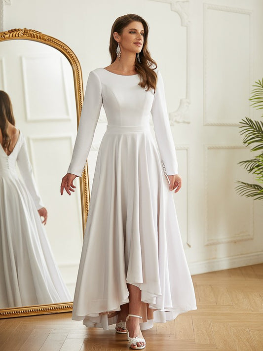 A-line white princess style elastic pleated ruffled edge round top long sleeved asymmetrical wedding dress