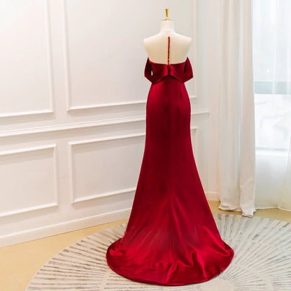 Off Shoulder Burgundy Acetic High-slit Formal Evening Dresses Long