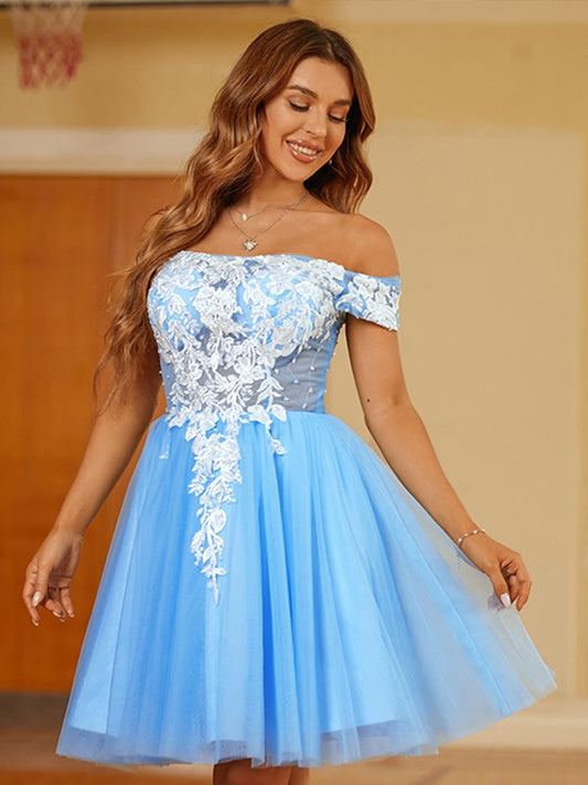 A-line elegant princess sheer lace off shoulder short sleeved mini skirt