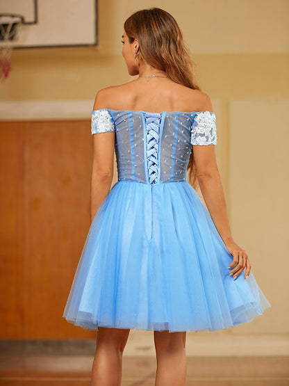 A-line elegant princess sheer lace off shoulder short sleeved mini skirt
