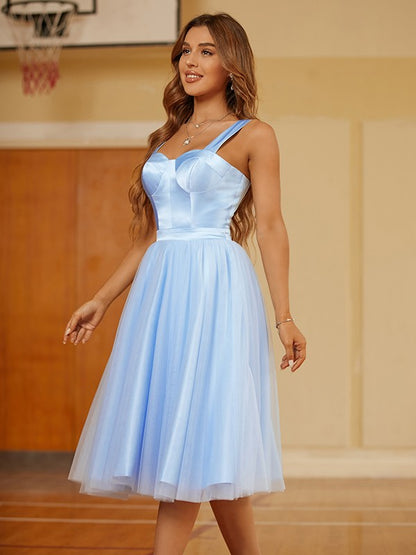 Sweet Princess sheer ruffled shoulder strap sleeveless knee length dress