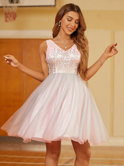 A-line skirt elegant and beautiful princess sequin V-neck sleeveless mini skirt