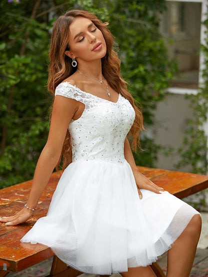 A-line elegant princess sheer lace V-neck sleeveless short mini dress