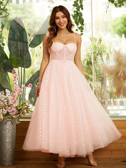 A-line elegant princess ruffled sleeveless ankle length dress