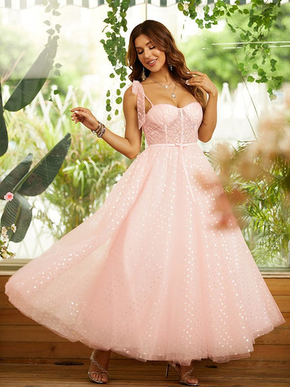 A-line elegant princess ruffled sleeveless ankle length dress