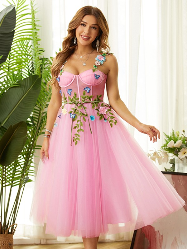 A-line elegant princess sheer handmade flower thin shoulder strap sleeveless long skirt