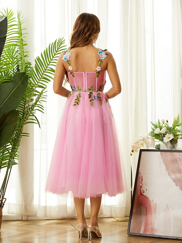 A-line elegant princess sheer handmade flower thin shoulder strap sleeveless long skirt